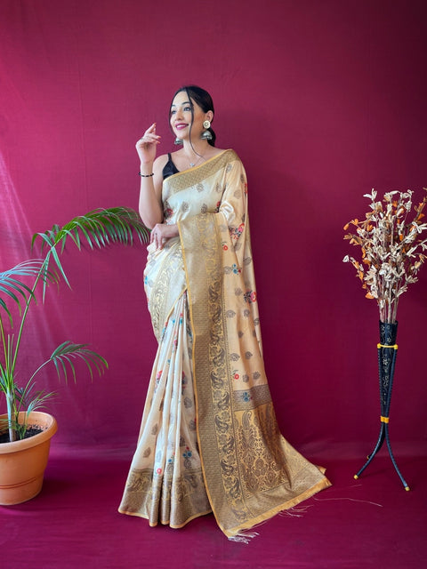 Kesariya Soft Silk Floral Printed Woven Saree Light Yellow Clothsvilla Main image