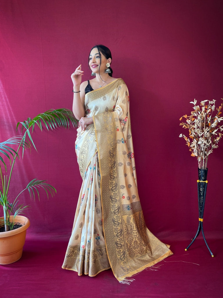 Kesariya Soft Silk Floral Printed Woven Saree Light Yellow Clothsvilla