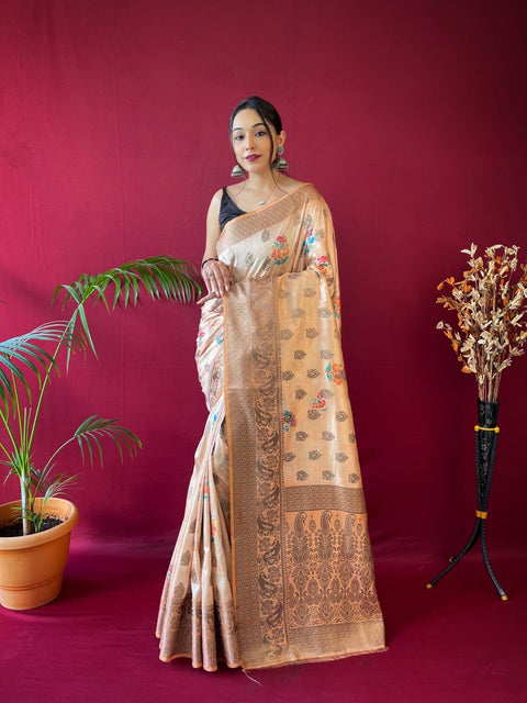 Kesariya Soft Silk Floral Printed Woven Saree Peach Orange Clothsvilla Main image