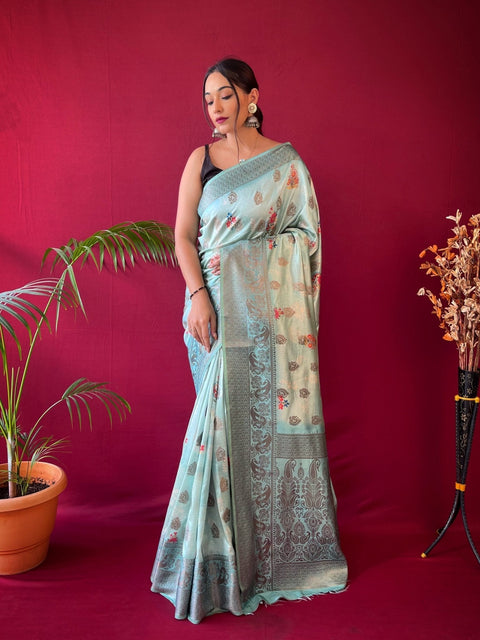Kesariya Soft Silk Floral Printed Woven Saree Powder Blue Clothsvilla Main image