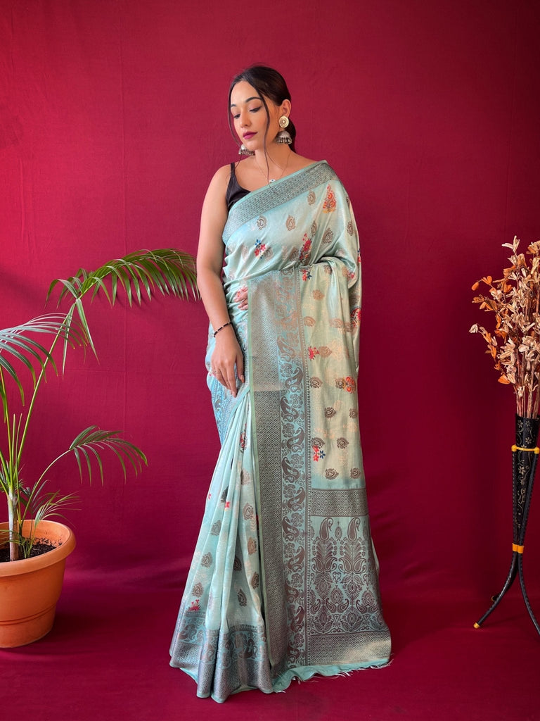 Kesariya Soft Silk Floral Printed Woven Saree Powder Blue Clothsvilla