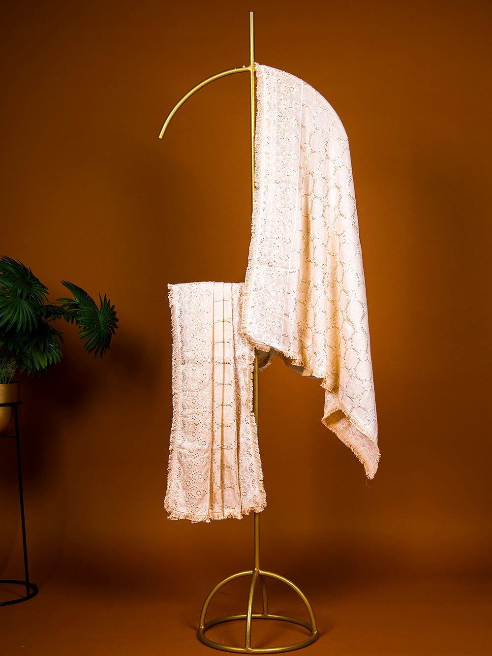 White Color Sequins and Thread Lucknowi Work Khadi Cotton Dupatta Clothsvilla Main image