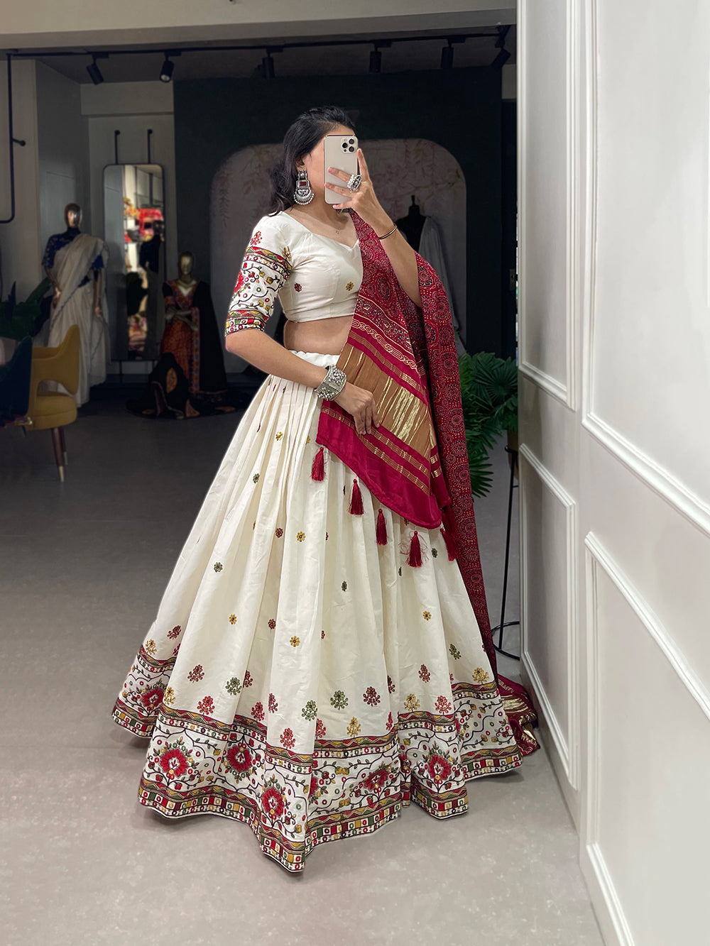 Lotus Design Sequins And Thread Embroidery Work Khadi Cotton Lehenga Choli Clothsvilla