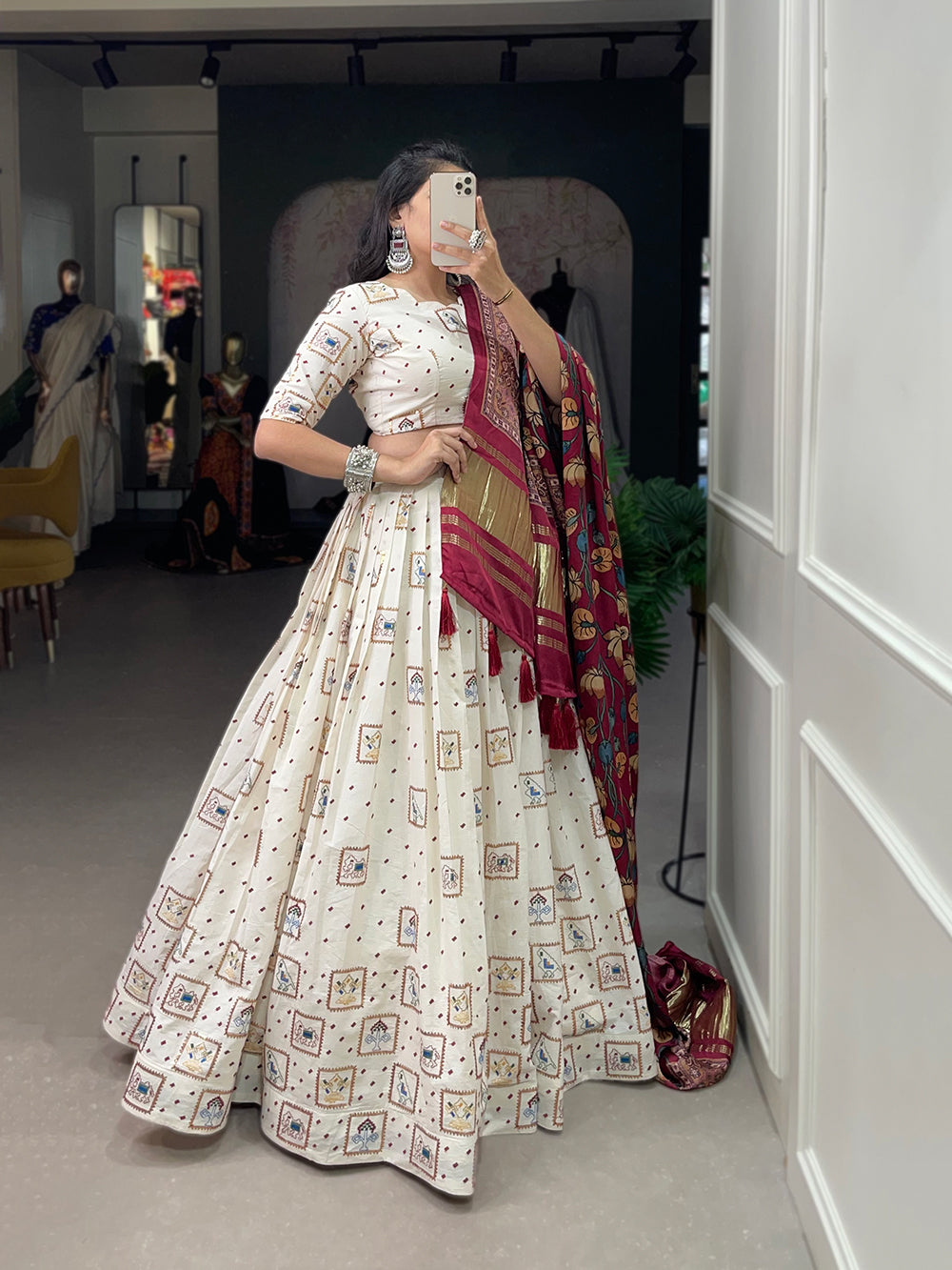 Square Design Sequins And Thread Embroidery Work Khadi Cotton Traditional lehenga Choli Clothsvilla