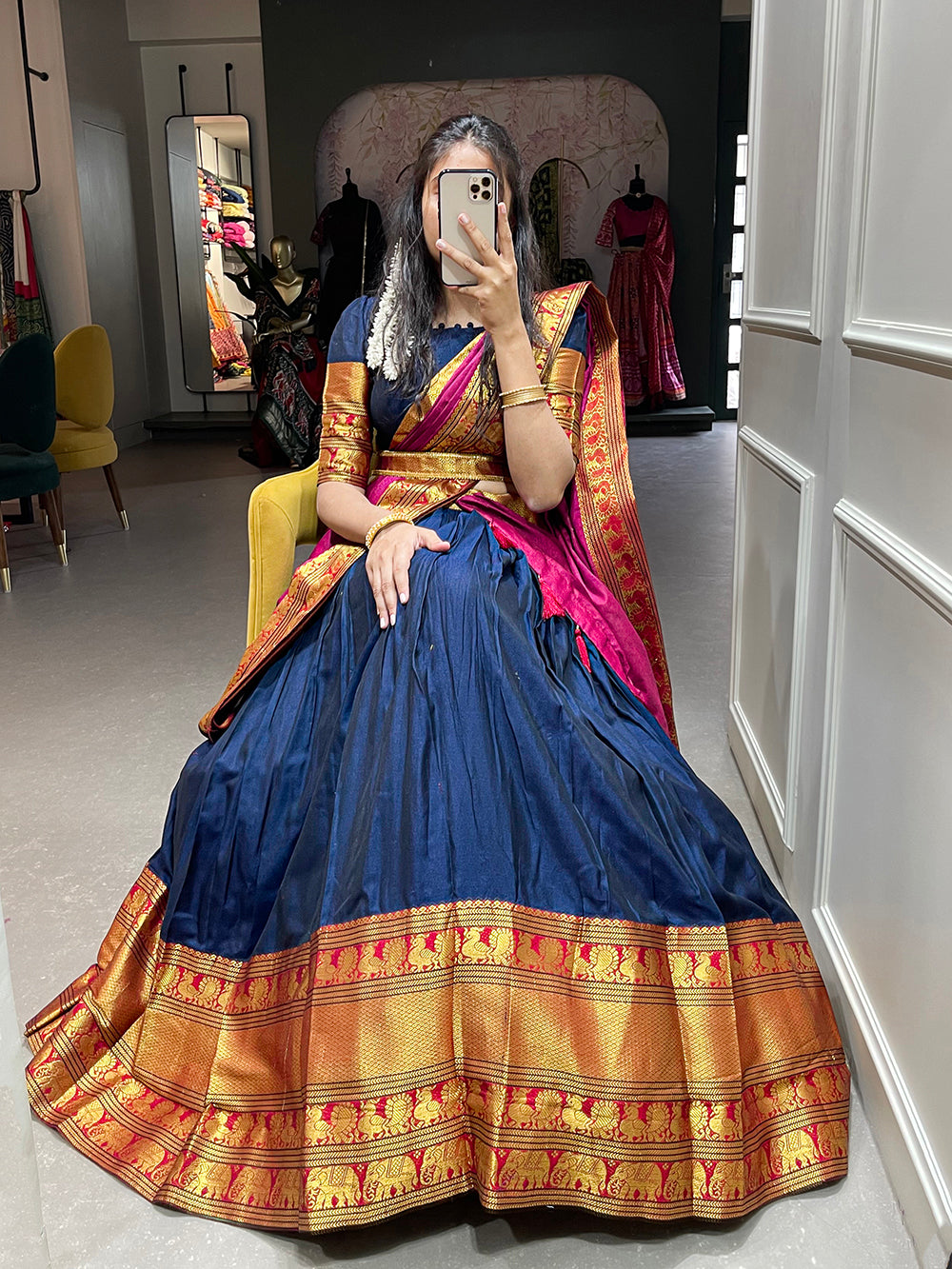 Navy Blue Color Zari Weaving Work Narayan Pet Cotton Half Saree Lehenga Choli Clothsvilla