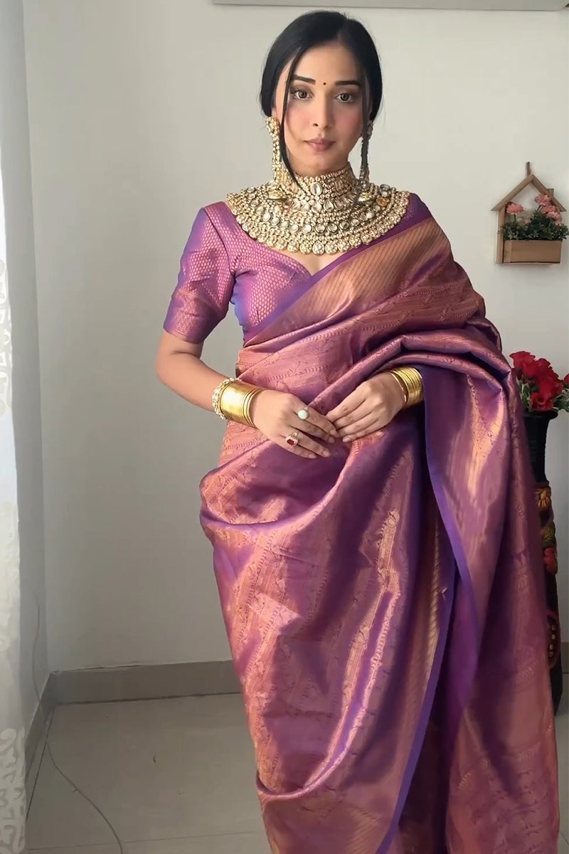Enticing 1-Minute Ready To Wear Purple Kanjivaram Silk Saree RTW Main image