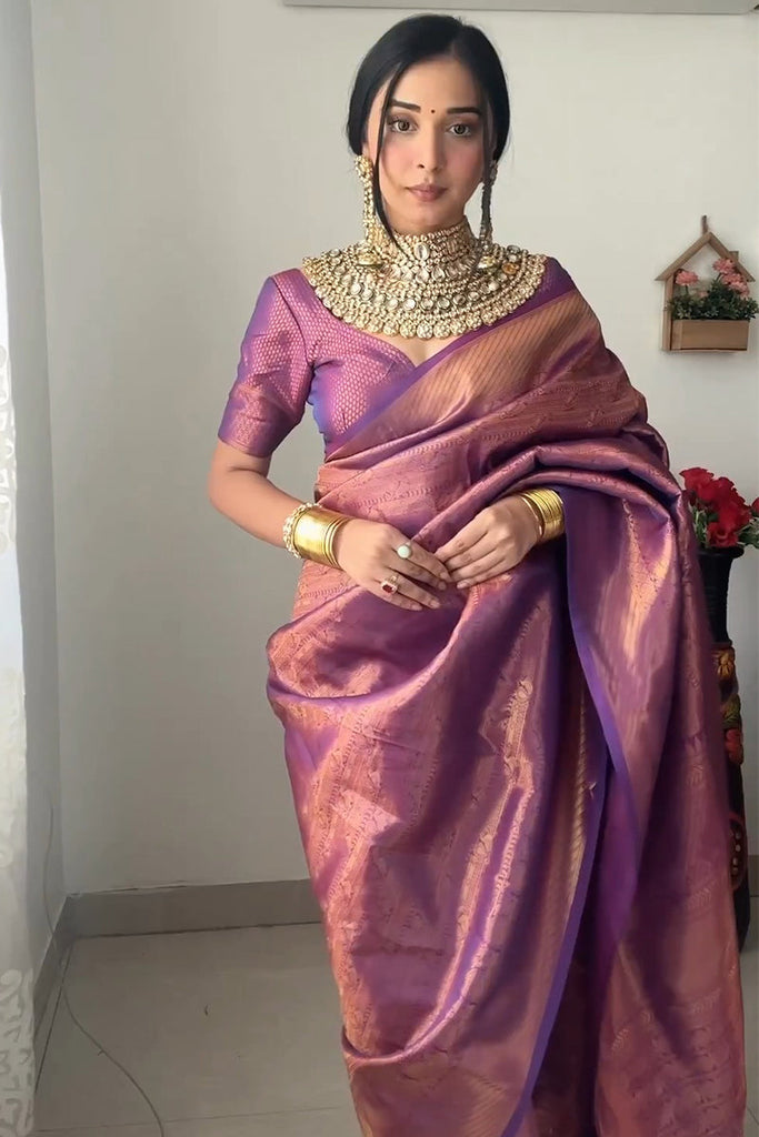 Enticing 1-Minute Ready To Wear Purple Kanjivaram Silk Saree RTW