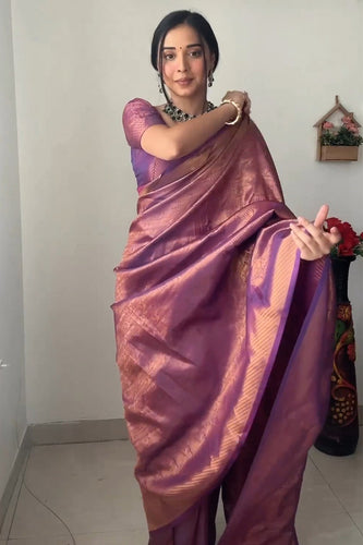 Enticing 1-Minute Ready To Wear Purple Kanjivaram Silk Saree RTW