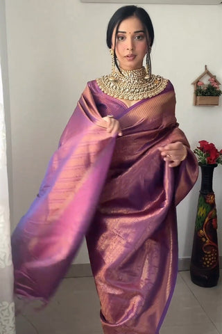 Enticing 1-Minute Ready To Wear Purple Kanjivaram Silk Saree RTW