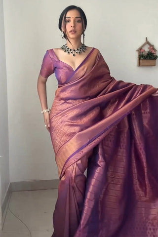 Enticing 1-Minute Ready To Wear Purple Kanjivaram Silk Saree RTW