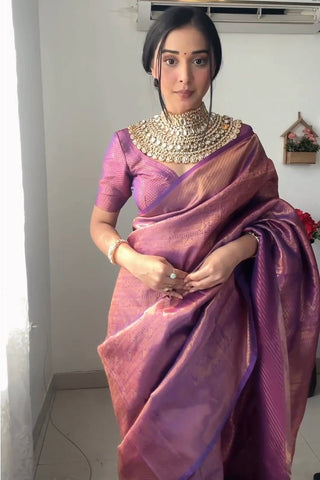 Enticing 1-Minute Ready To Wear Purple Kanjivaram Silk Saree RTW