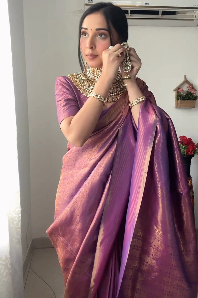Enticing 1-Minute Ready To Wear Purple Kanjivaram Silk Saree RTW