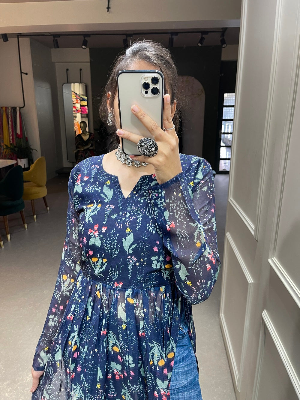 Navy Blue Color Floral Printed Chiffon Naira Cut Kurti Clothsvilla