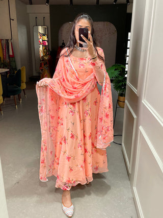 Peach Color Floral Printed Anarkali Style Chiffon Kurti Clothsvilla