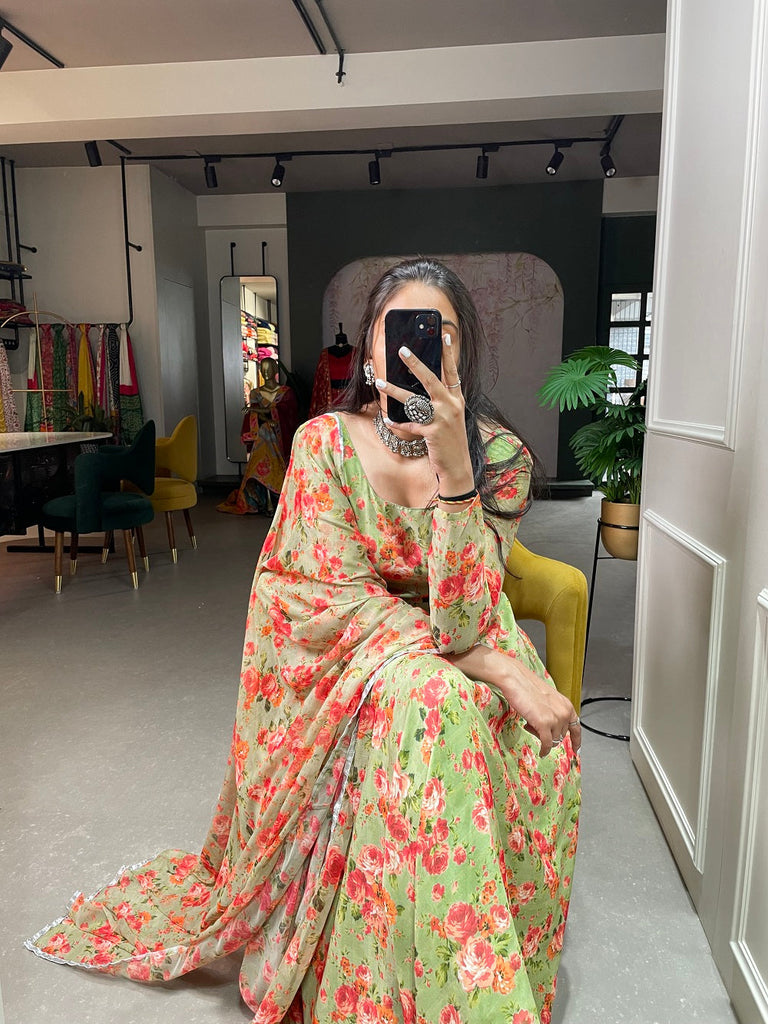 Pista Color Floral Printed Anarkali Style Chiffon Kurti Clothsvilla