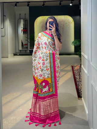 White Color Patola Printed Pure Gaji Silk Saree Clothsvilla