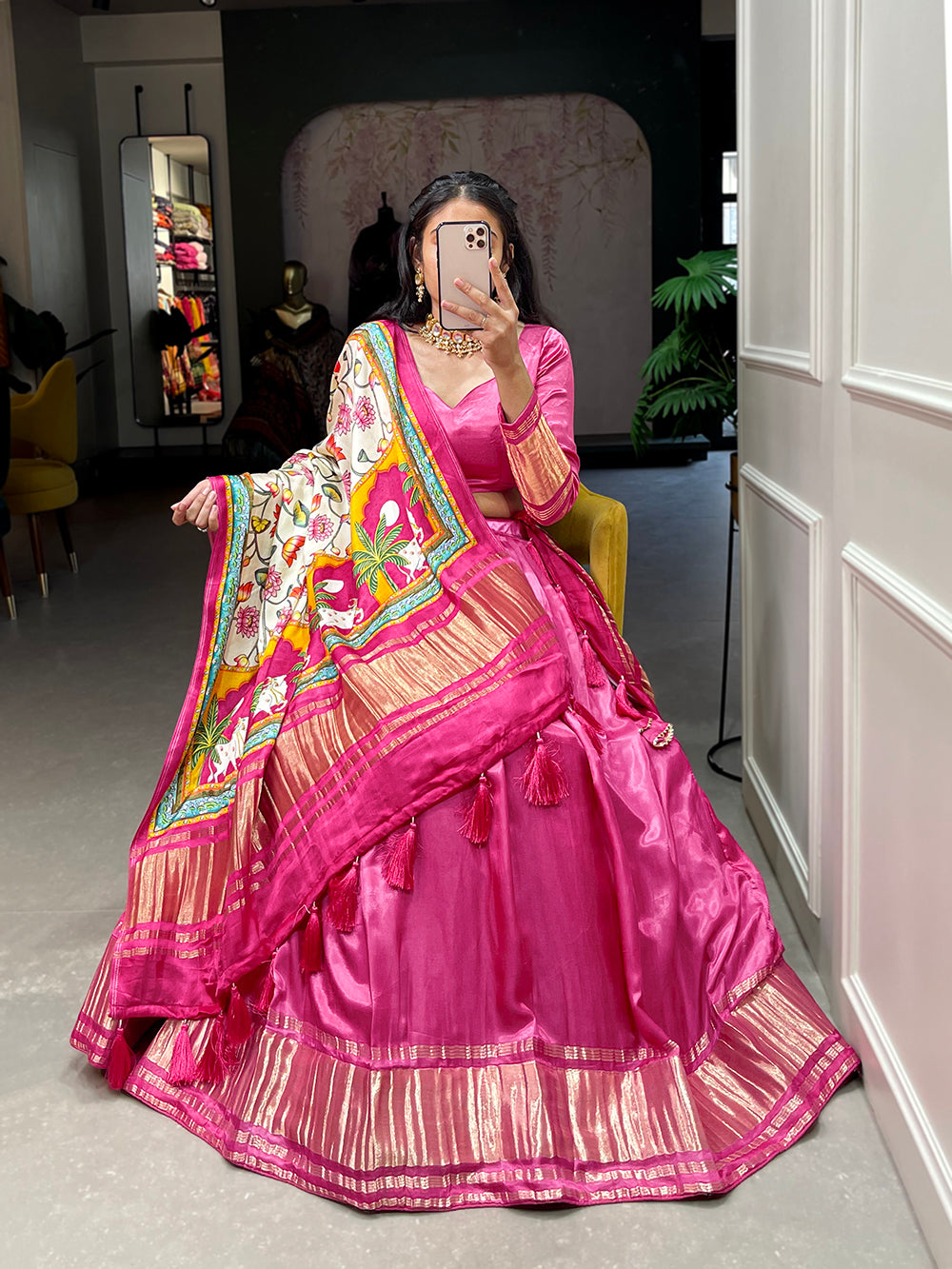 Pink Color Dyeing With Lagdi Patta Gaji Silk Lehenga Choli ClothsVilla.com