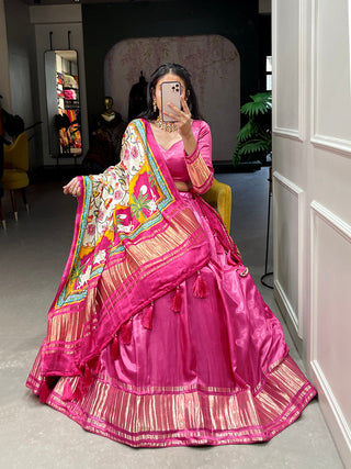 Pink Color Dyeing With Lagdi Patta Gaji Silk Lehenga Choli ClothsVilla.com