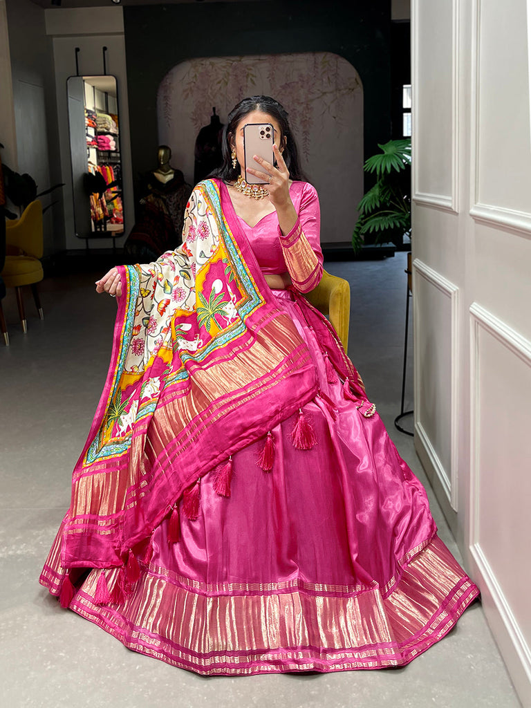 Pink Color Dyeing With Lagdi Patta Gaji Silk Lehenga Choli ClothsVilla.com