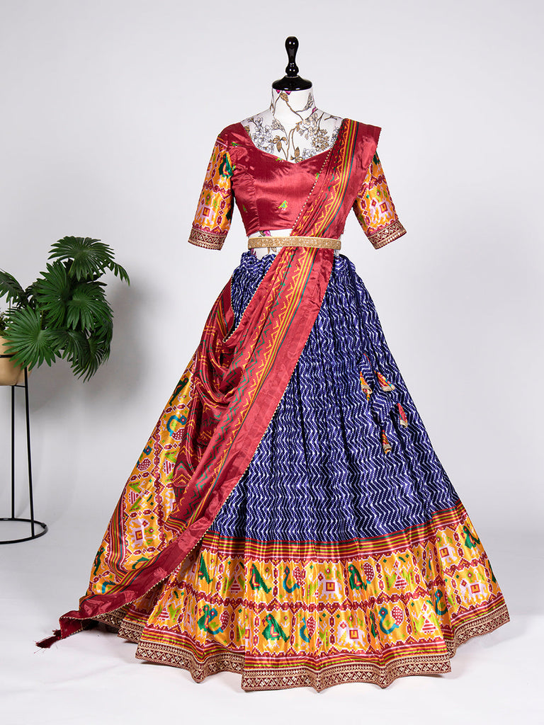 Navy Blue Color Gujarati Patola Print and Sequins Embroidery Chinon Lehenga Choli ClothsVilla