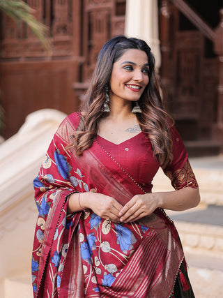 Mehndi Color Printed With Foil Work Dola Silk Lehenga Choli ClothsVilla.com