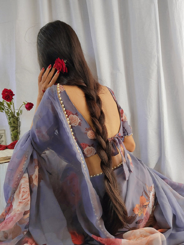 Grey Color Printed With Pearl Lace Border Georgette Saree Clothsvilla