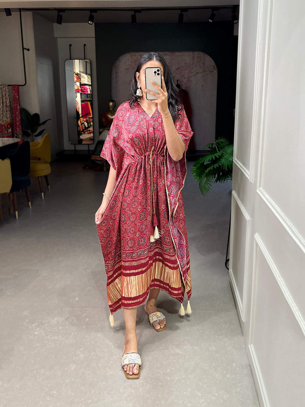 Maroon Color Digital Print With Gotta Patti Lace Border Gaji Silk Kaftan ClothsVilla.com