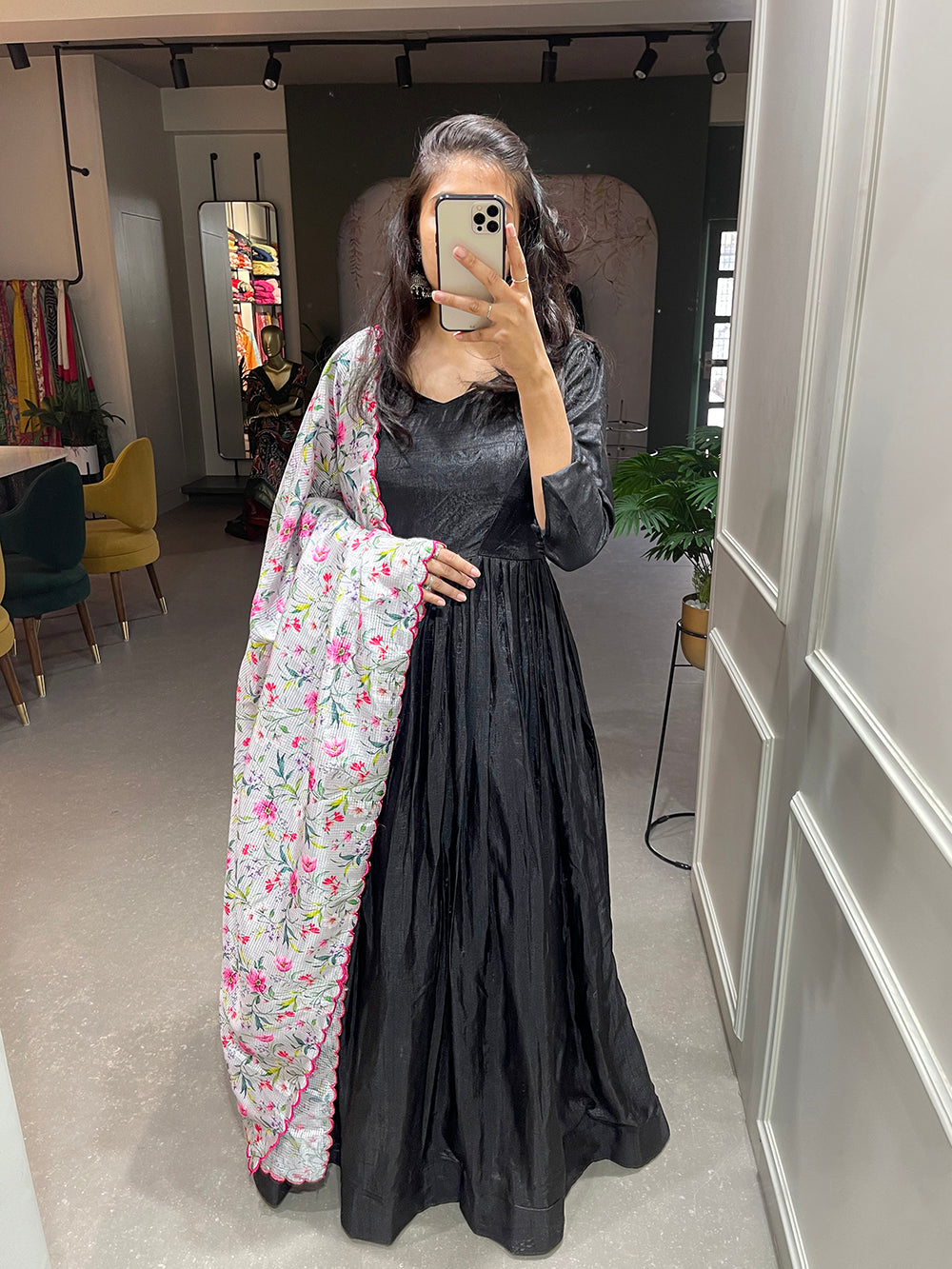 Black Color Plain Dola Silk Gown Clothsvilla