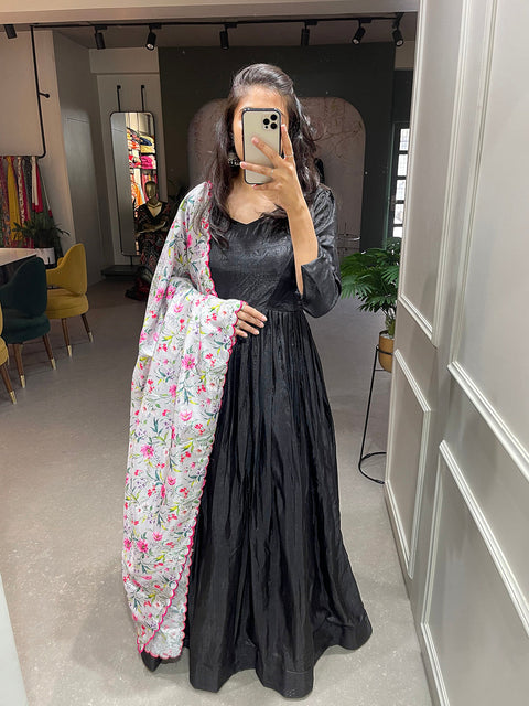 Black Color Plain Dola Silk Gown Clothsvilla Main image