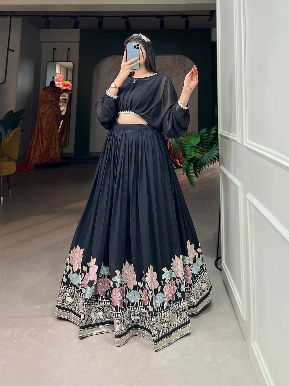 Black Color Sequins And Thread Embroidery Work Georgette Lehenga Choli Clothsvilla