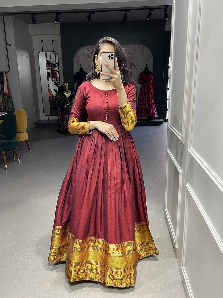 Maroon Color Zari Weaving Work Narayan Pet Cotton Gown Clothsvilla