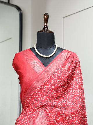 Crimson Color Printed With Zari Border Dola Silk Saree Clothsvilla