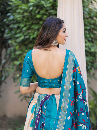 Firozi Color Printed With Foil Work Dola Silk Lehenga Choli ClothsVilla.com
