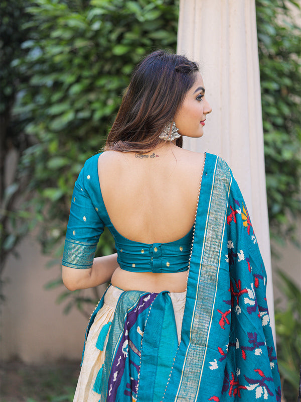 Firozi Color Printed With Foil Work Dola Silk Lehenga Choli ClothsVilla.com