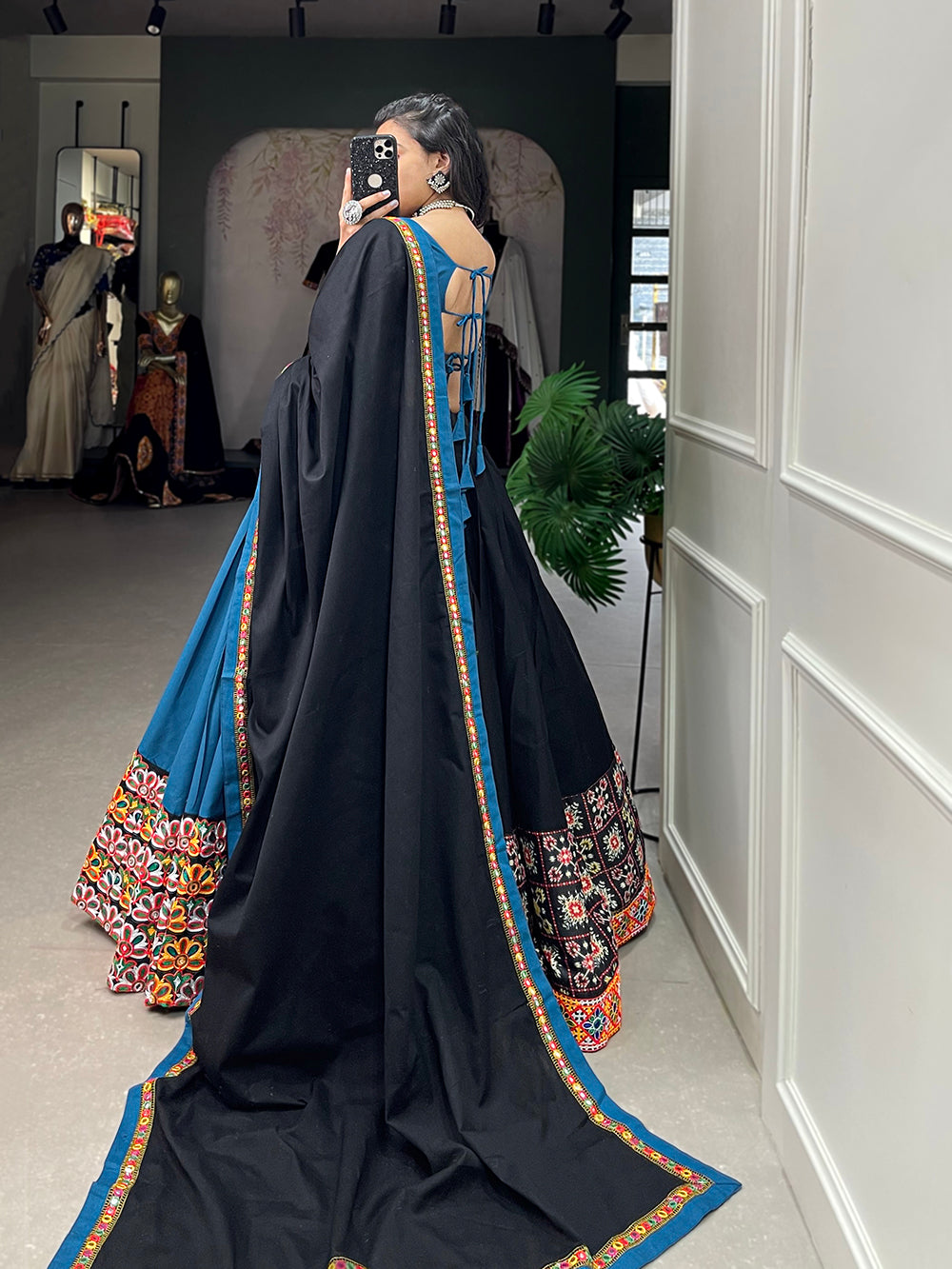 Black Color Plain With Printed Gamthi Work Cotton Navaratri Lehenga Choli ClothsVilla.com