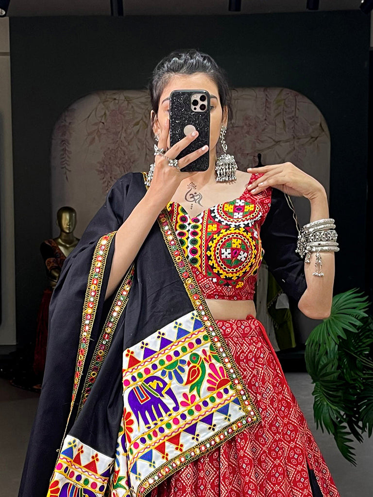 Red Color Printed And Gamthi Work With Mirror Work Cotton Chaniya Choli ClothsVilla.com