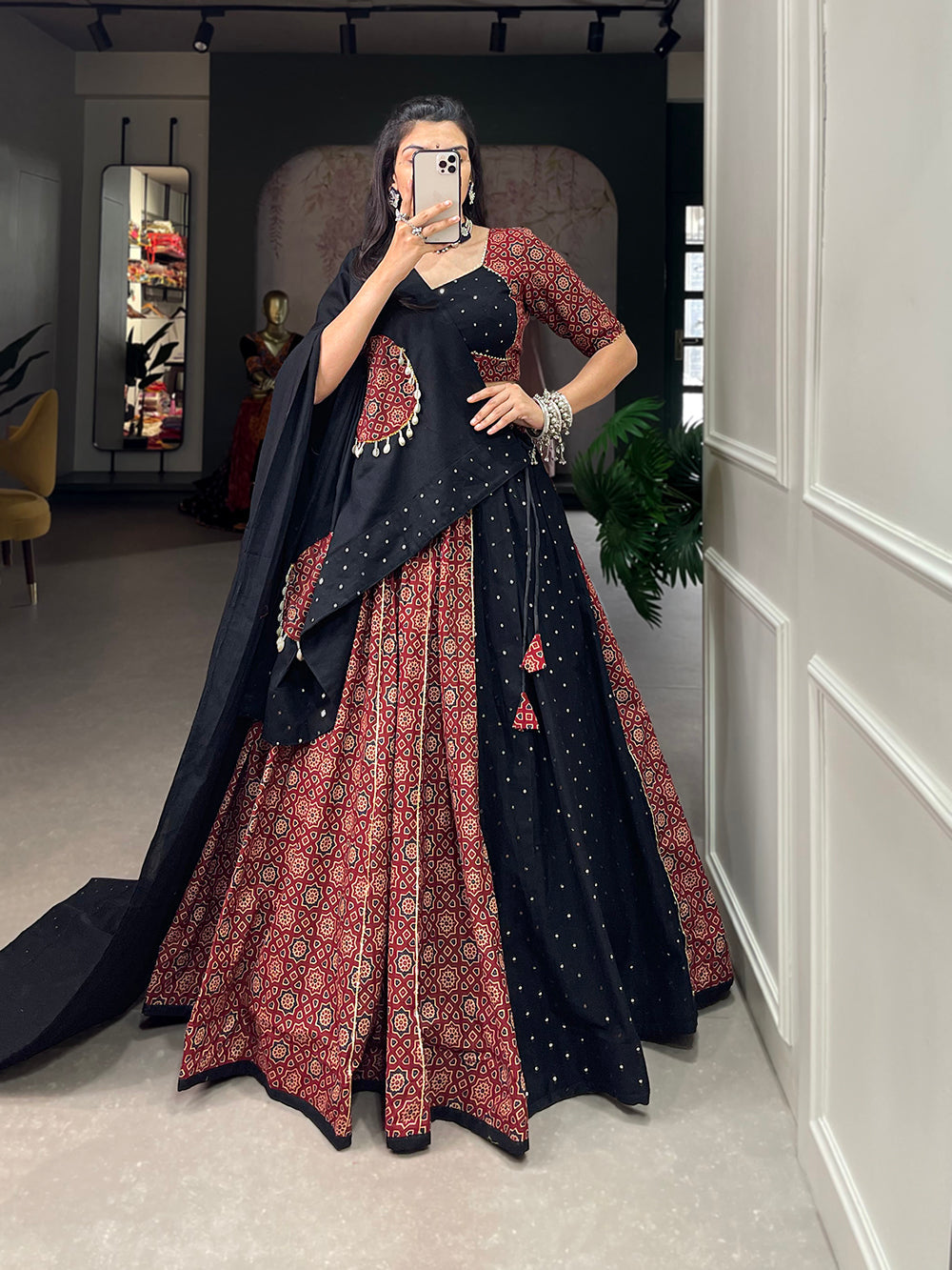 Maroon Color Printed And Over All Mirror Work With Gotta Patti Cotton Lehenga Choli ClothsVilla.com
