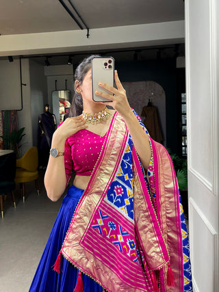 Royal Blue Color Ikkat Patola Print With Foil Work Tussar Silk Lehenga Choli ClothsVilla