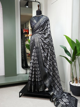 Black Color Printed With Zari Border Dola Silk Saree Clothsvilla