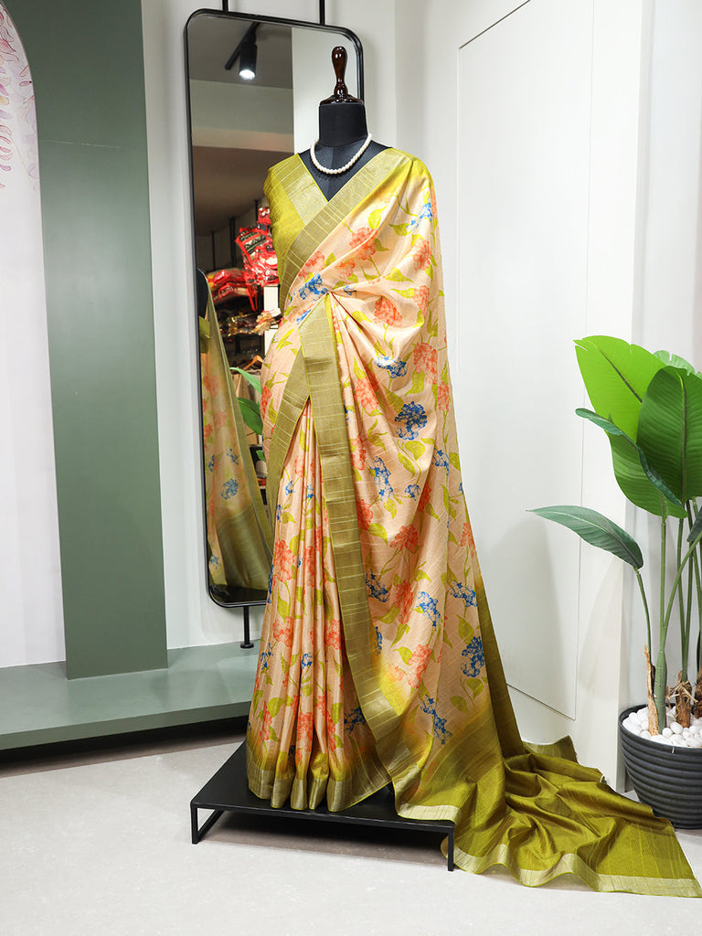 Yellow Color Digital Printed Handloom Kotha Border Saree Clothsvilla