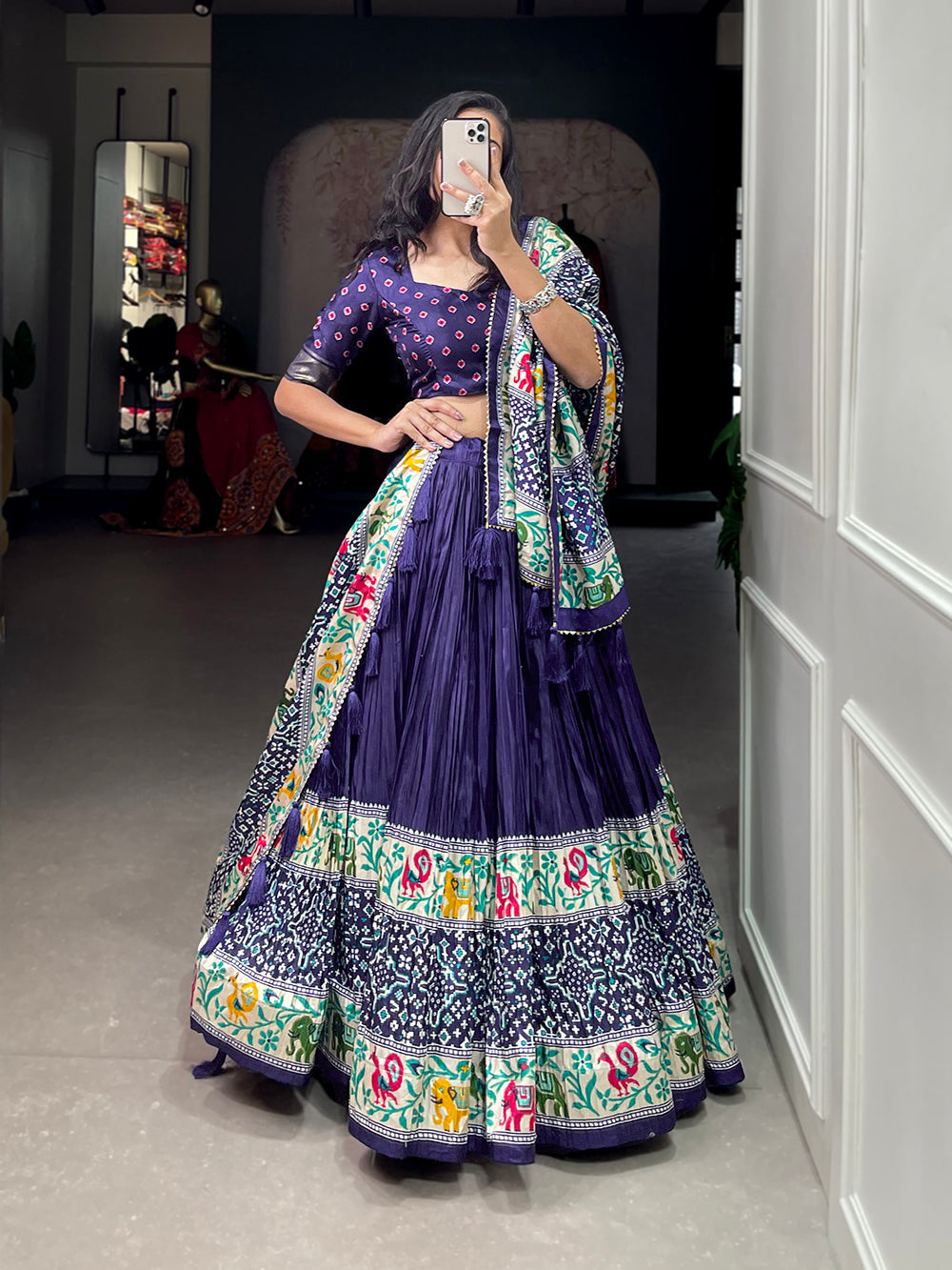 Navy Blue Color Bandhej Print With Patola Print Crushed Dola Silk Lehenga Choli ClothsVilla.com