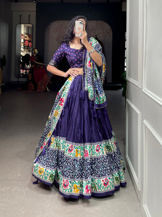 Navy Blue Color Bandhej Print With Patola Print Crushed Dola Silk Lehenga Choli ClothsVilla.com