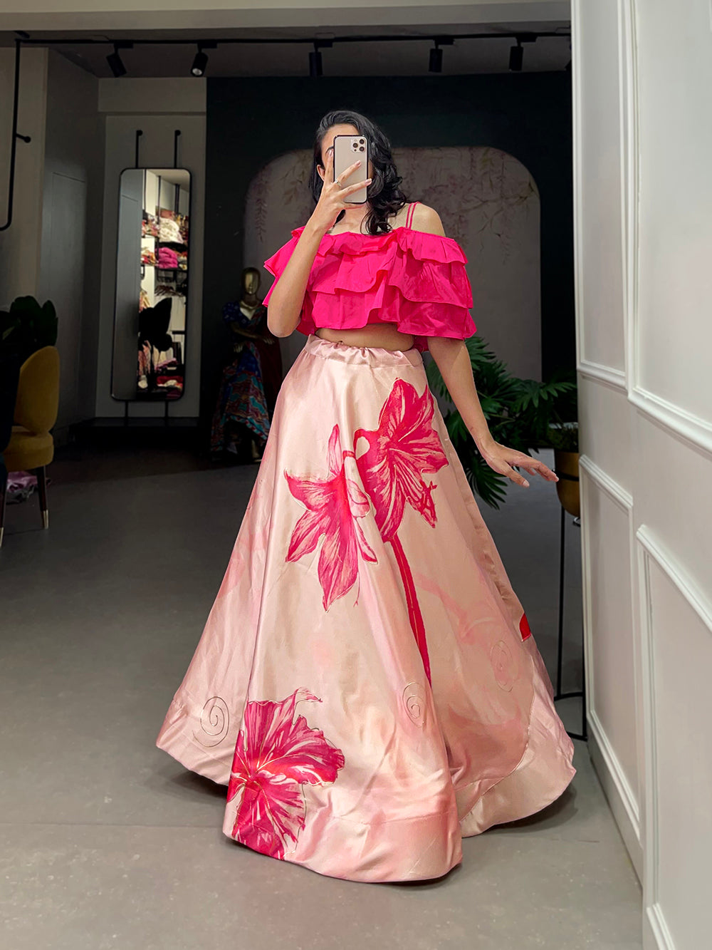Peach Color Digital Print With Foil Work Zari Satin Co-ord Set Lehenga Choli ClothsVilla
