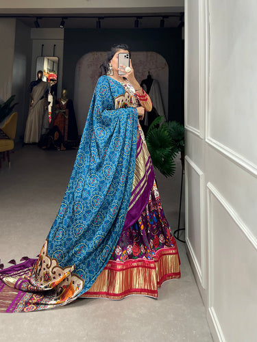 White Color Digital Printed With Lagadi Patta Gaji Silk Lehenga Choli Clothsvilla