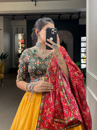 Yellow Color Printed And Gamthi Work Lace Border Cotton Lehenga Choli ClothsVilla.com