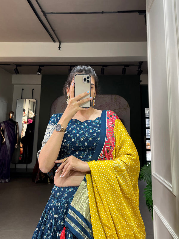 Navy Blue Color Printed With Zari Weaving Work Viscose Dola Silk Lehenga Choli Clothsvilla