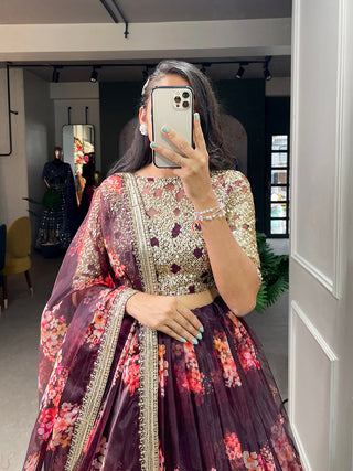 Wine Color Printed And Sequins Embroidery Lace Border Organza Lehenga Choli ClothsVilla.com