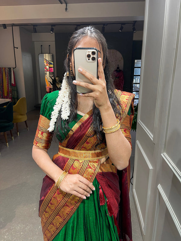 Green Color Zari Weaving Work Narayan Pet Cotton Half Saree Lehenga Clothsvilla