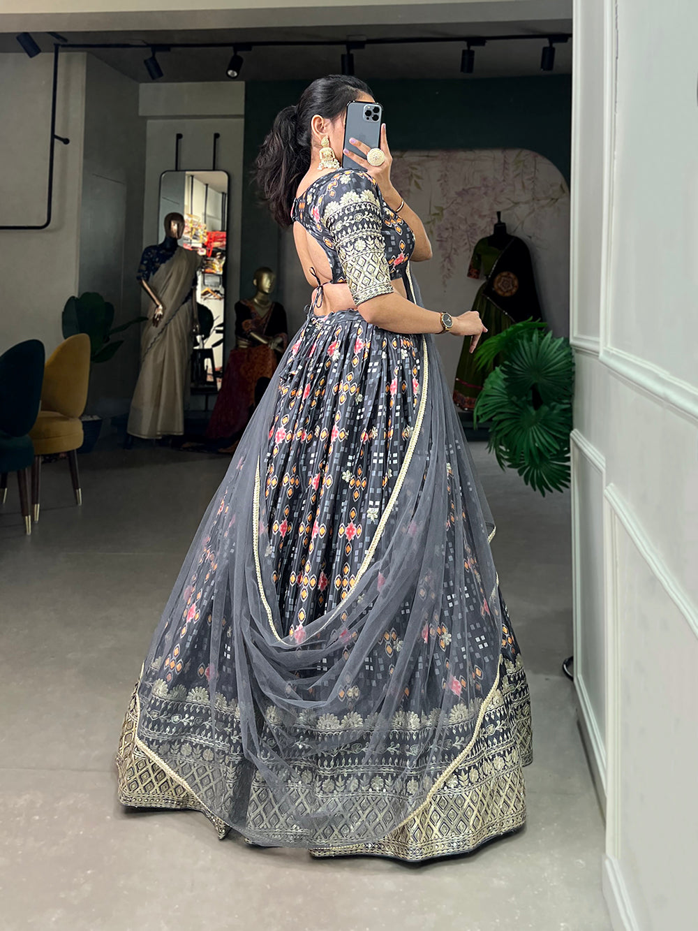 Grey Color Digital Printed Sequins And Embroider Work Chinon Brides Maids Lehenga Choli Clothsvilla