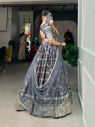 Grey Color Digital Printed Sequins And Embroider Work Chinon Brides Maids Lehenga Choli Clothsvilla